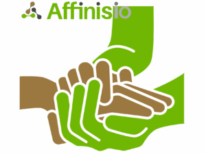 Two hands clasped in the Affinisio colours indicating hands-on expertise supporting deployments held inside your estate