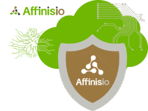 Affinisio shield inside a circuit-traced cloud to indicate deployment performed remotely into your own secure environment