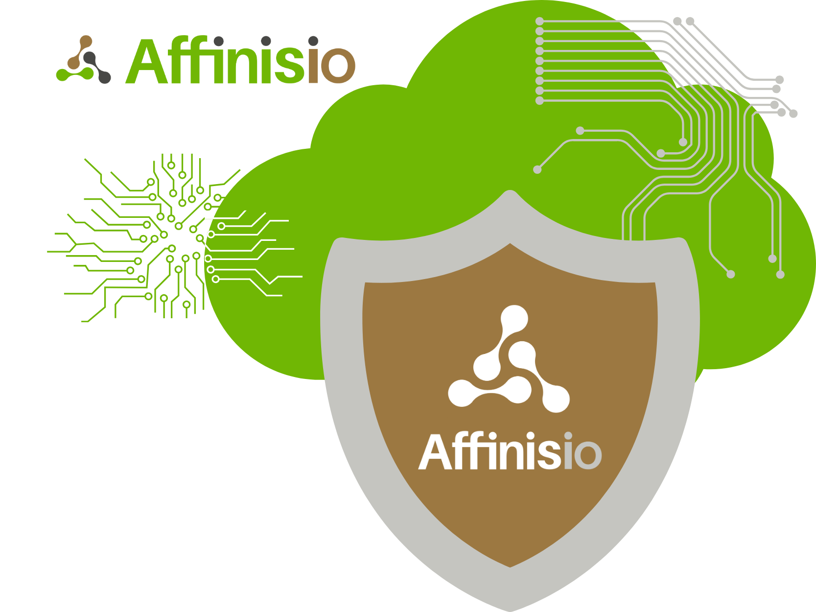 Affinisio shield inside a circuit-traced cloud to indicate deployment performed remotely into your own secure environment