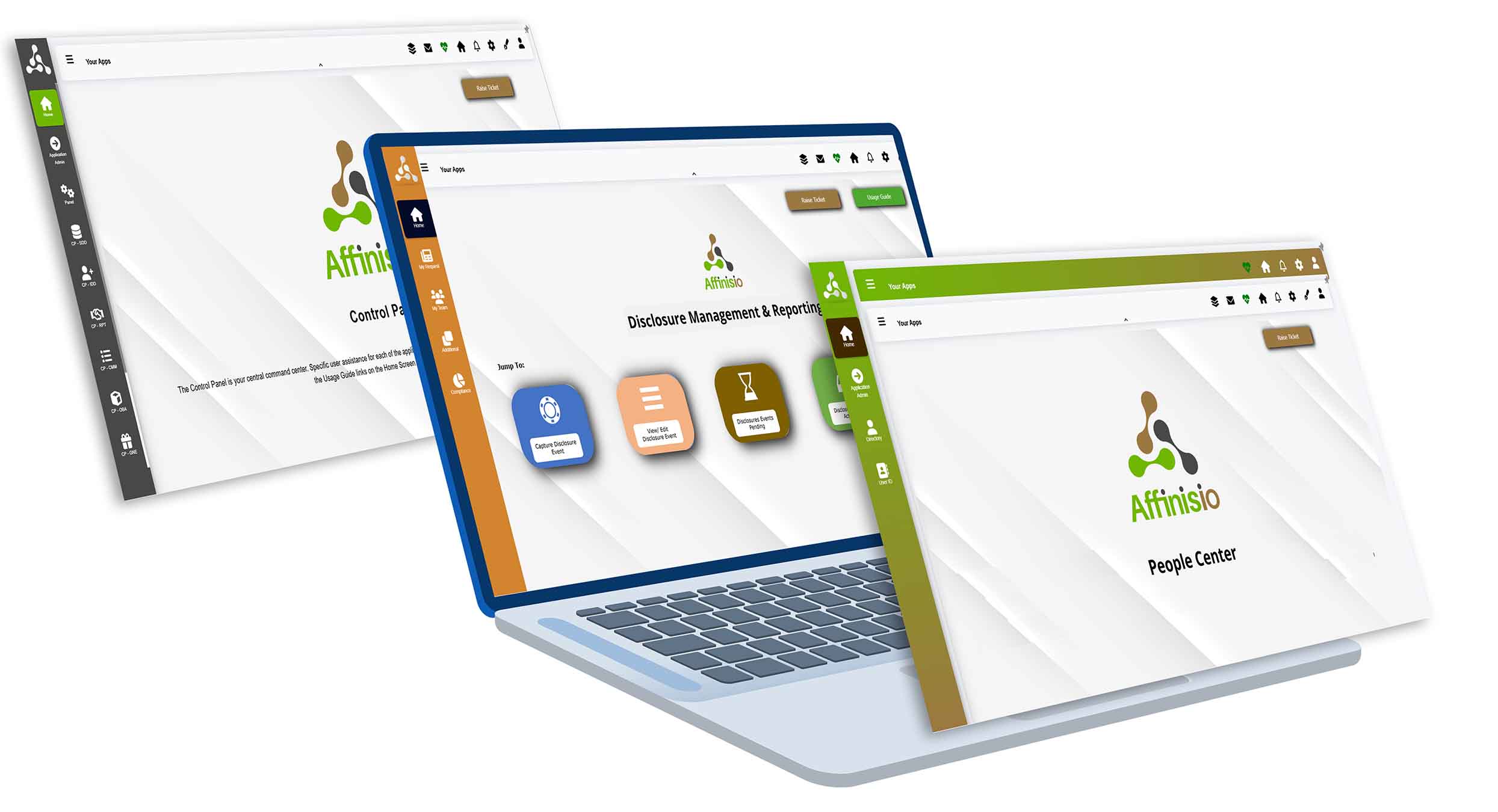 The Affinisio control panel, the Affinisio(DMR) home screen and the people directory, shown on desktop