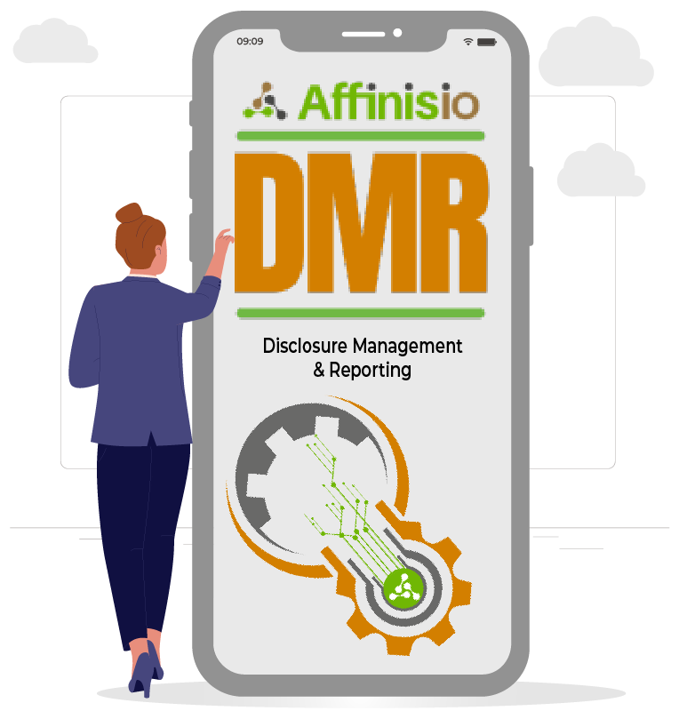 Affinisio(DMR) disclosure management and reporting software shown on a mobile device