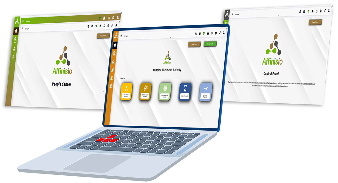Three Affinisio(OBA) screens above a laptop: the People Centre, the Outside Business Activity home screen and the Control Panel