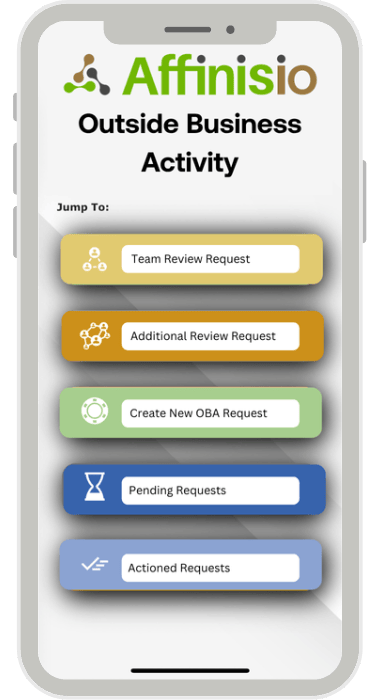 The Affinisio(OBA) mobile screen, with jump-to buttons for Team Review Request, Additional Review Request, Create New OBA Request, Pending Requests and Actioned Requests