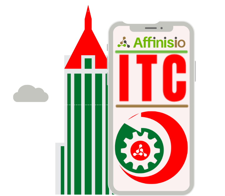 A phone showing Affinisio(ITC) with a crescent around a cogwheel, beside a red and green tower