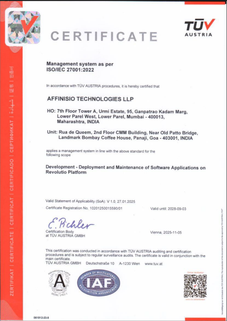 ISO/IEC 27001:2022 certificate issued to Affinisio Technologies LLP by TÜV AUSTRIA