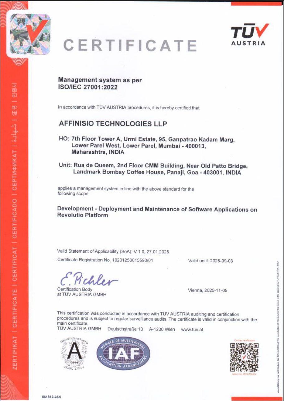 Affinisio Technologies Receives ISO-27001:2022 Certification from TUV Austria GMBH