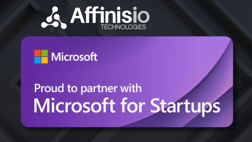 Affinisio Technologies logo above the Microsoft badge reading "Proud to partner with Microsoft for Startups"