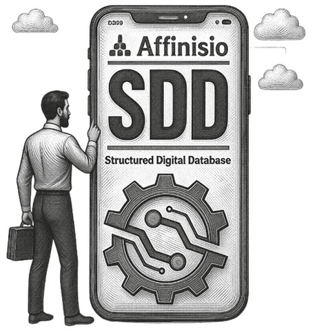 Man with a briefcase beside a large phone showing Affinisio SDD, Structured Digital Database, above a gear with circuit lines