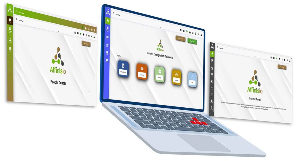 The Affinisio(IDD) home screen on a laptop, flanked by the Control Panel and People Centre screens