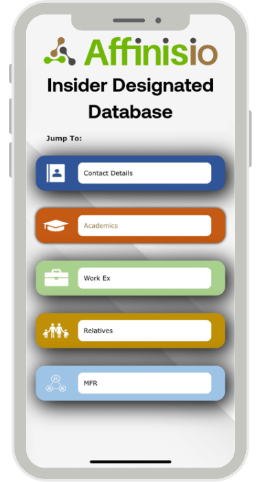 Affinisio(IDD) phone menu for Designated Persons: contact details, academics, work experience, relatives, material financial relationships.